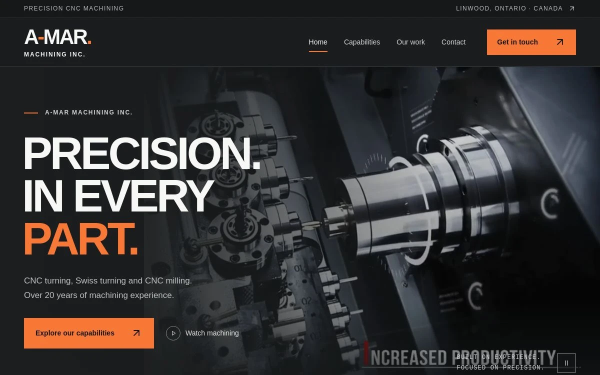 A-Mar Machining website design in orange and charcoal