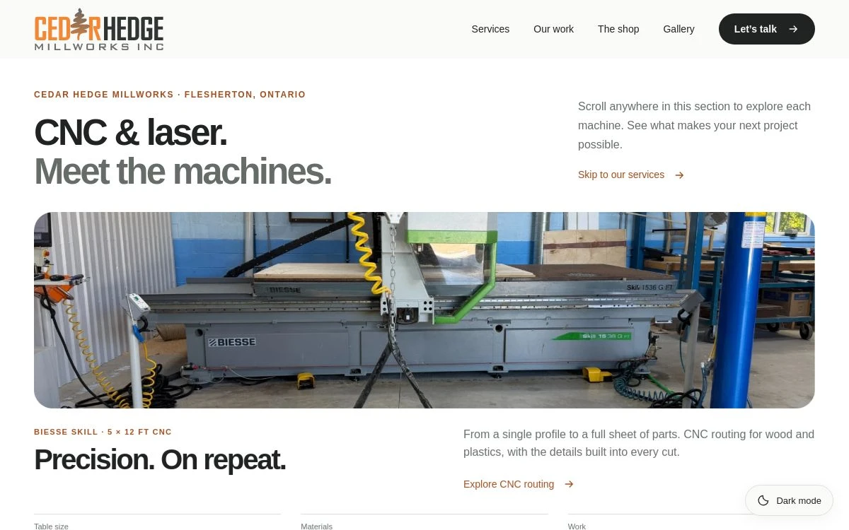 Cedar Hedge Millworks website showing its Biesse CNC router and machining services