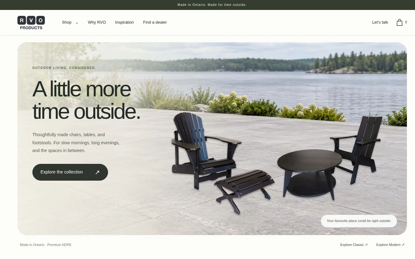 RVO Products homepage featuring Classic Muskoka and Modern Adirondack chairs, a footstool and round table on a lakeside terrace